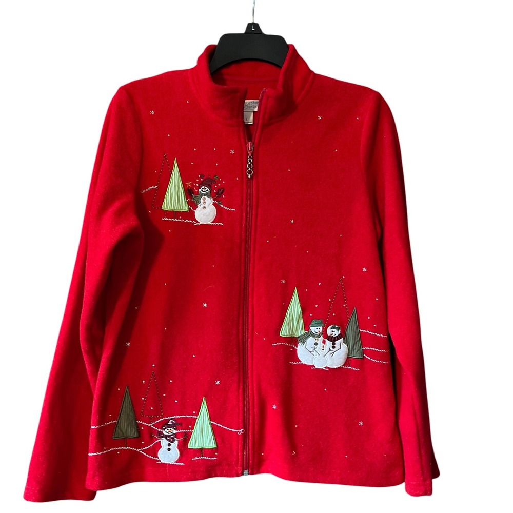 Christopher Banks Red Fleece Snowman Christmas Holiday Zip Up Jacket Women L EUC